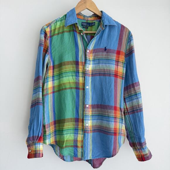 Polo Ralph Lauren Tops - Polo Ralph Lauren Shirt Womens Small Plaid 100% Linen Button Up Long Sleeve